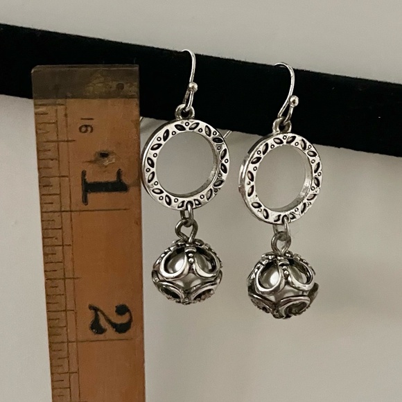 Silver Tone Pierced Earring Dangles with Caged Faux Pearls - Picture 4 of 5
